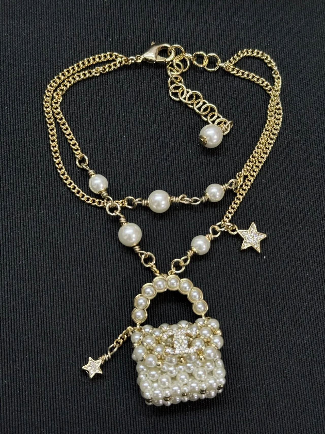 Chanel Gold White Pearl-Beaded Handbag Pendant Chain Necklace 5