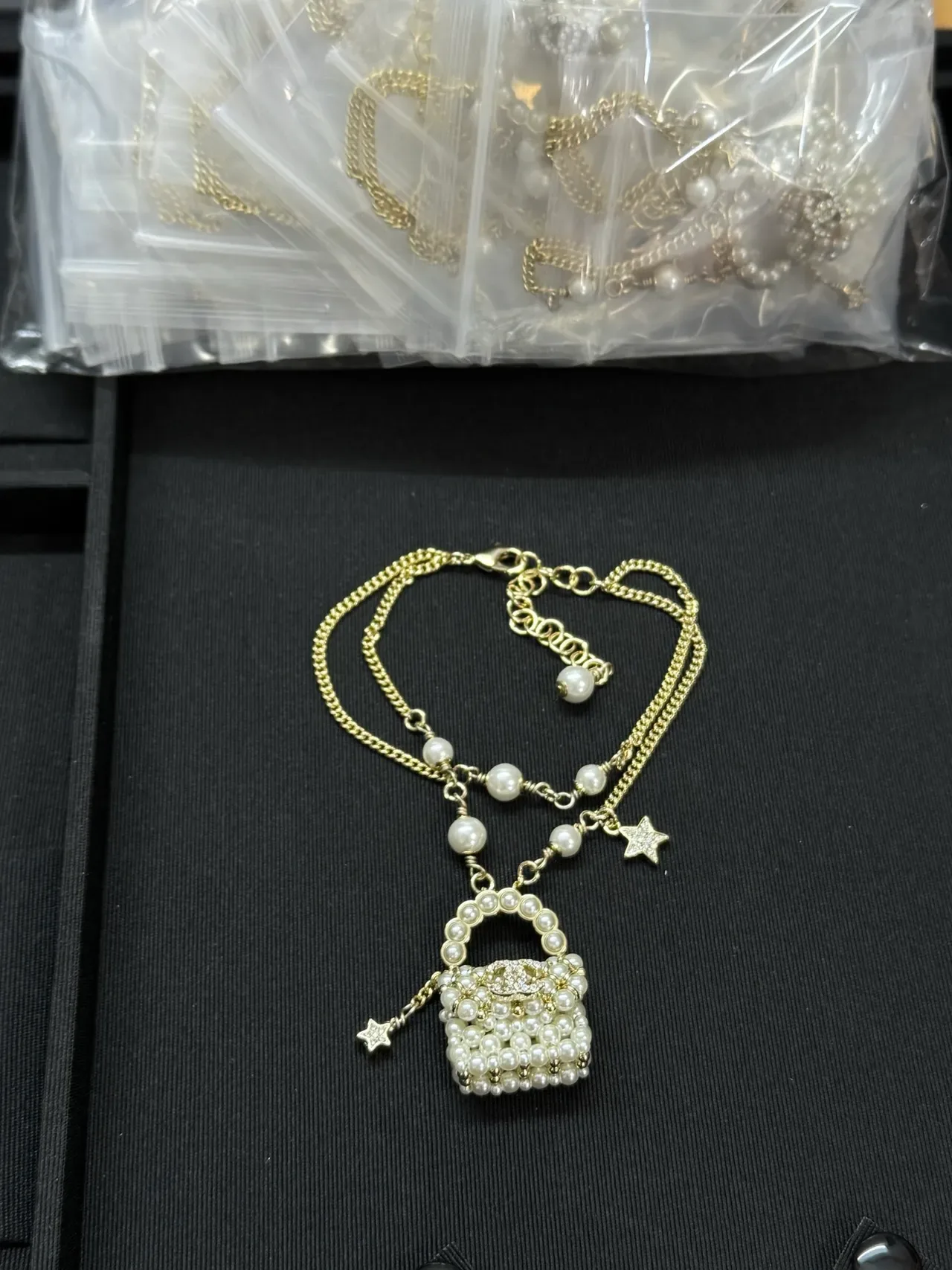 Chanel Gold White Pearl-Beaded Handbag Pendant Chain Necklace 6
