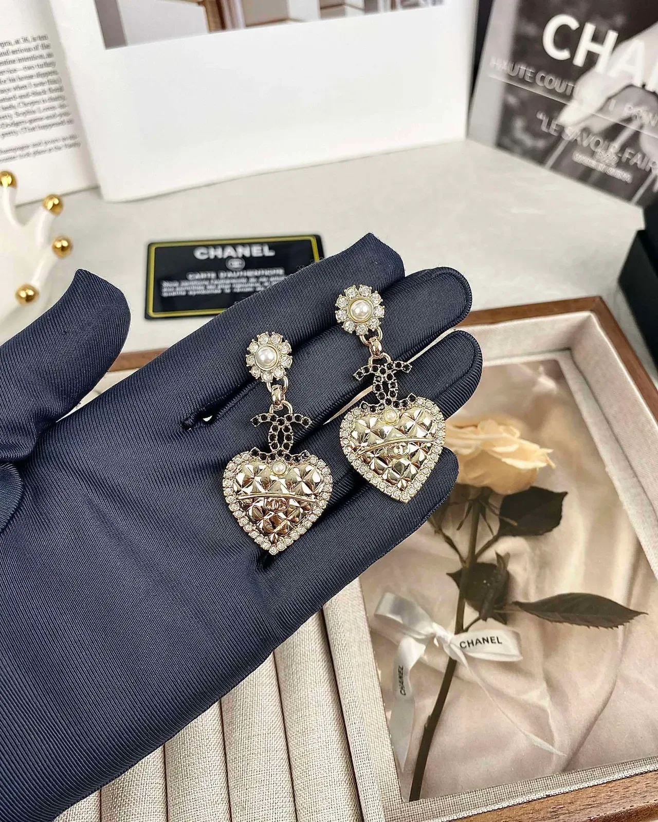 Chanel Heart-Shaped Crystal and Pearl Drop Earrings 4