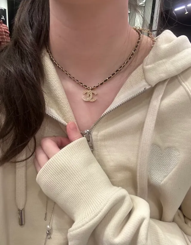 Chanel Interlocking CC Pendant Necklace Black Knit Button-Front Top 3