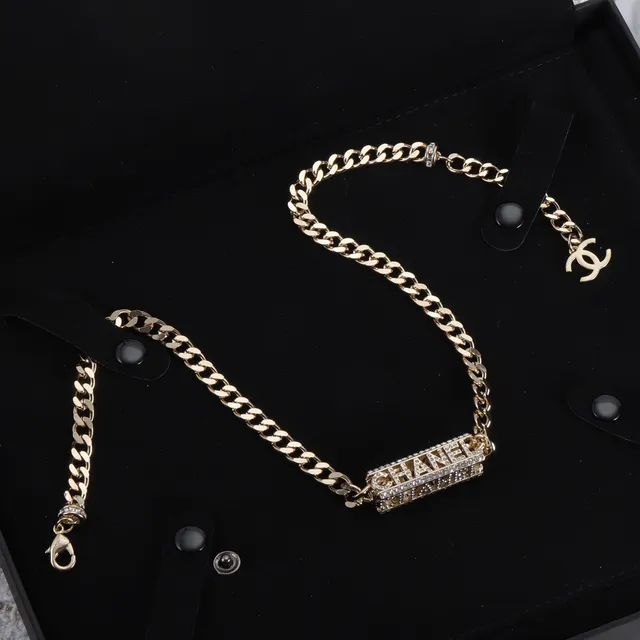 Chanel Logo Plaque Gold Silver Curb Chain Rectangular Bracelet 7