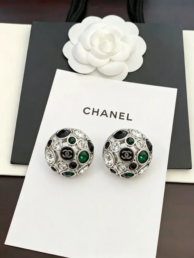 Chanel Pavé Crystal Spherical Stud Silver Multicolor Earrings 1