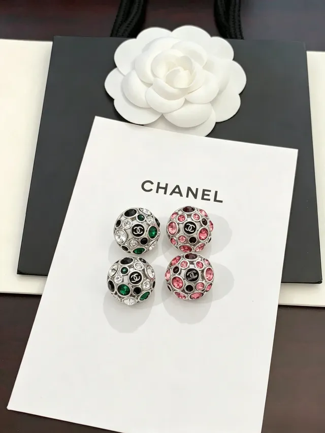 Chanel Pavé Crystal Spherical Stud Silver Multicolor Earrings 3