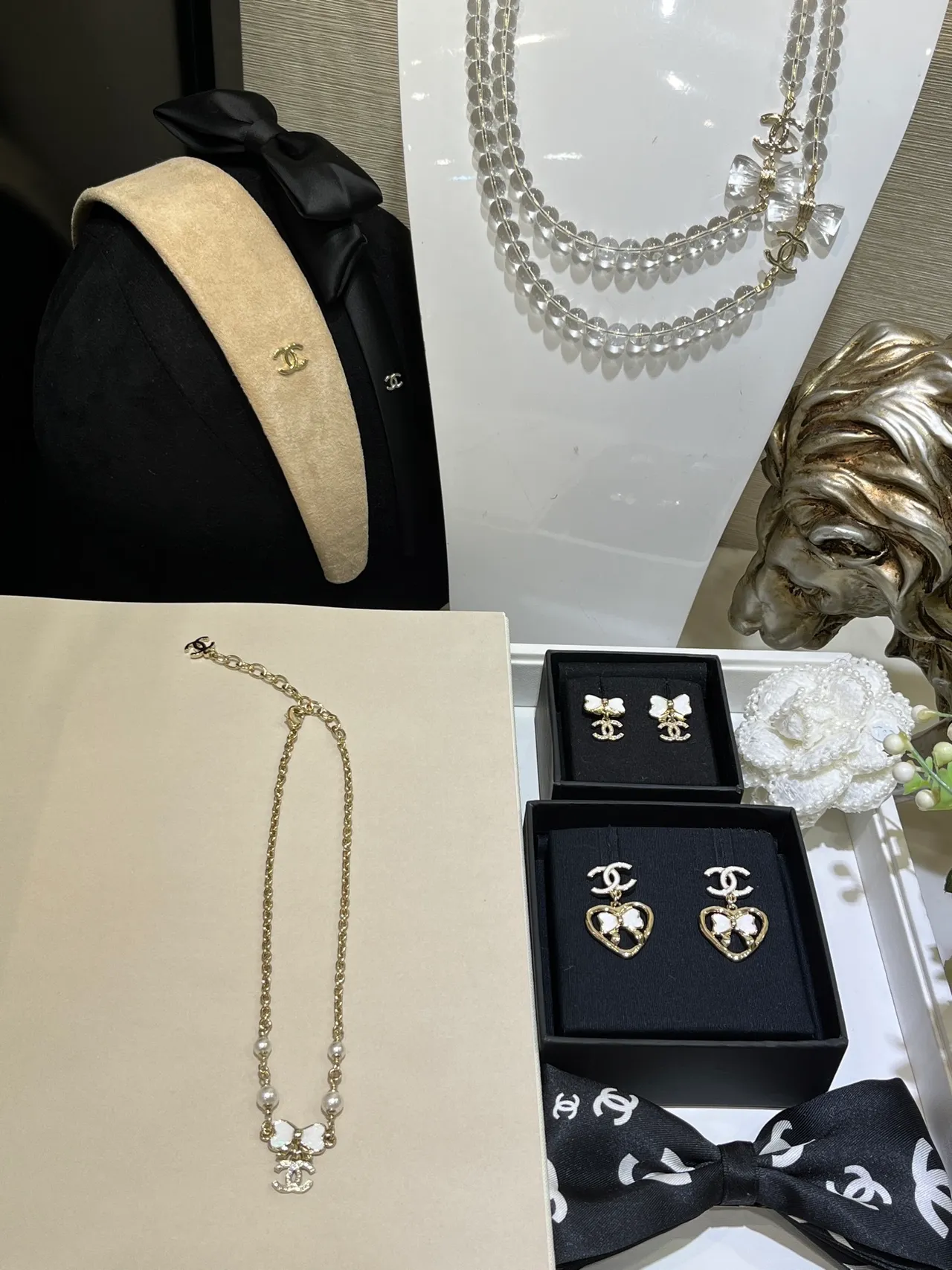 Chanel Perle et Nœud Charme Bracelet Or Ton 7