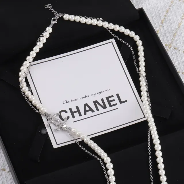 Chanel لؤلؤ وسلسلة CC Logo قلادة مزدوجة السلسلة 2