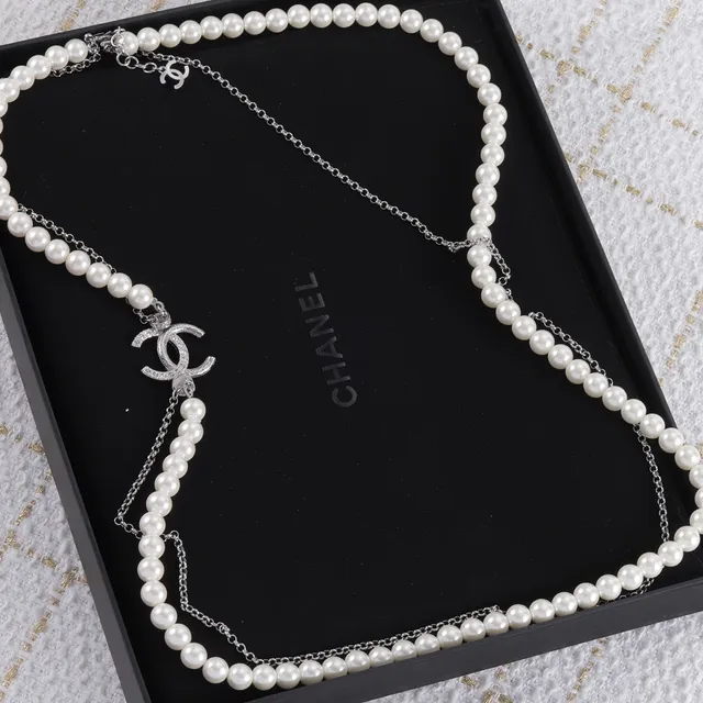 Chanel لؤلؤ وسلسلة CC Logo قلادة مزدوجة السلسلة 6