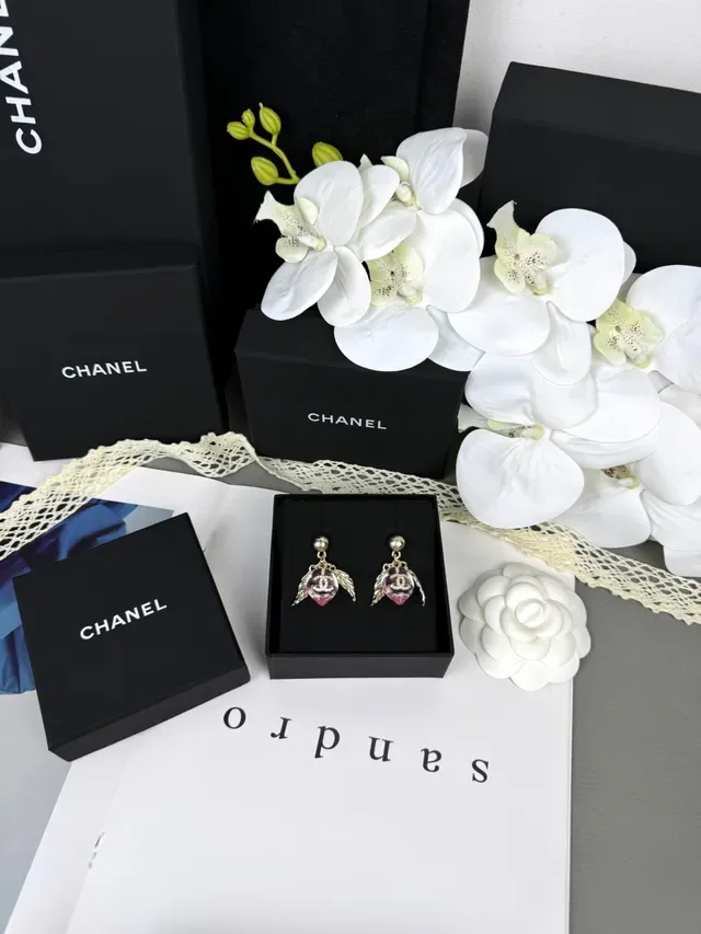Chanel Pink Resin Winged CC Logo Earrings 2