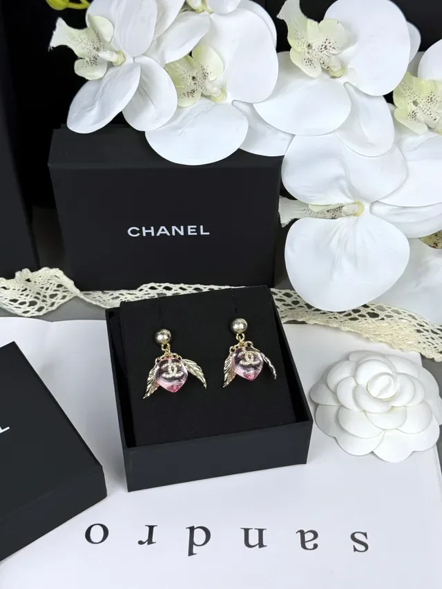 Chanel Pink Resin Winged CC Logo Earrings 8
