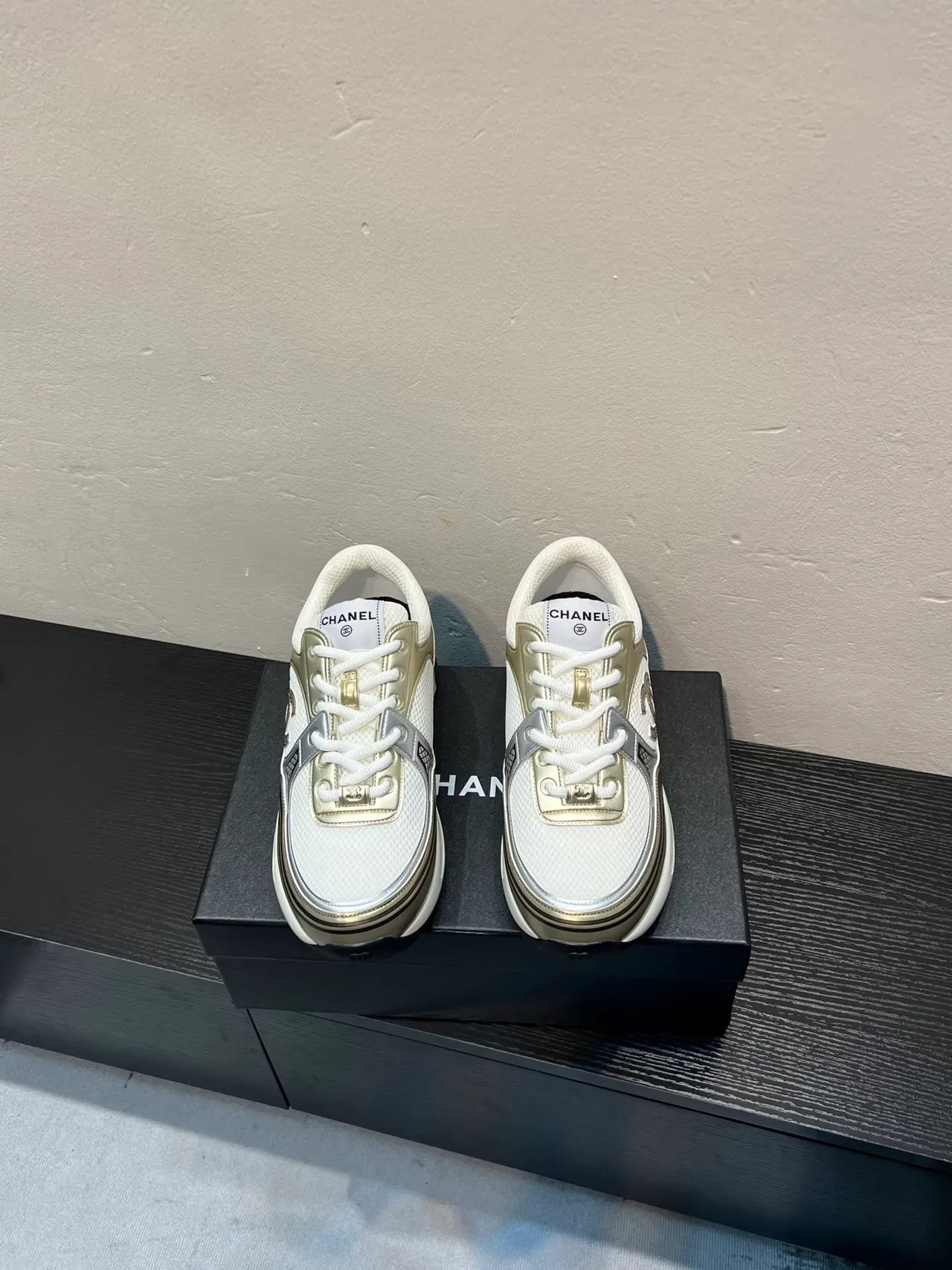 Chanel Runway Runner White and Metallic Gold Lifestyle Sneakers 2