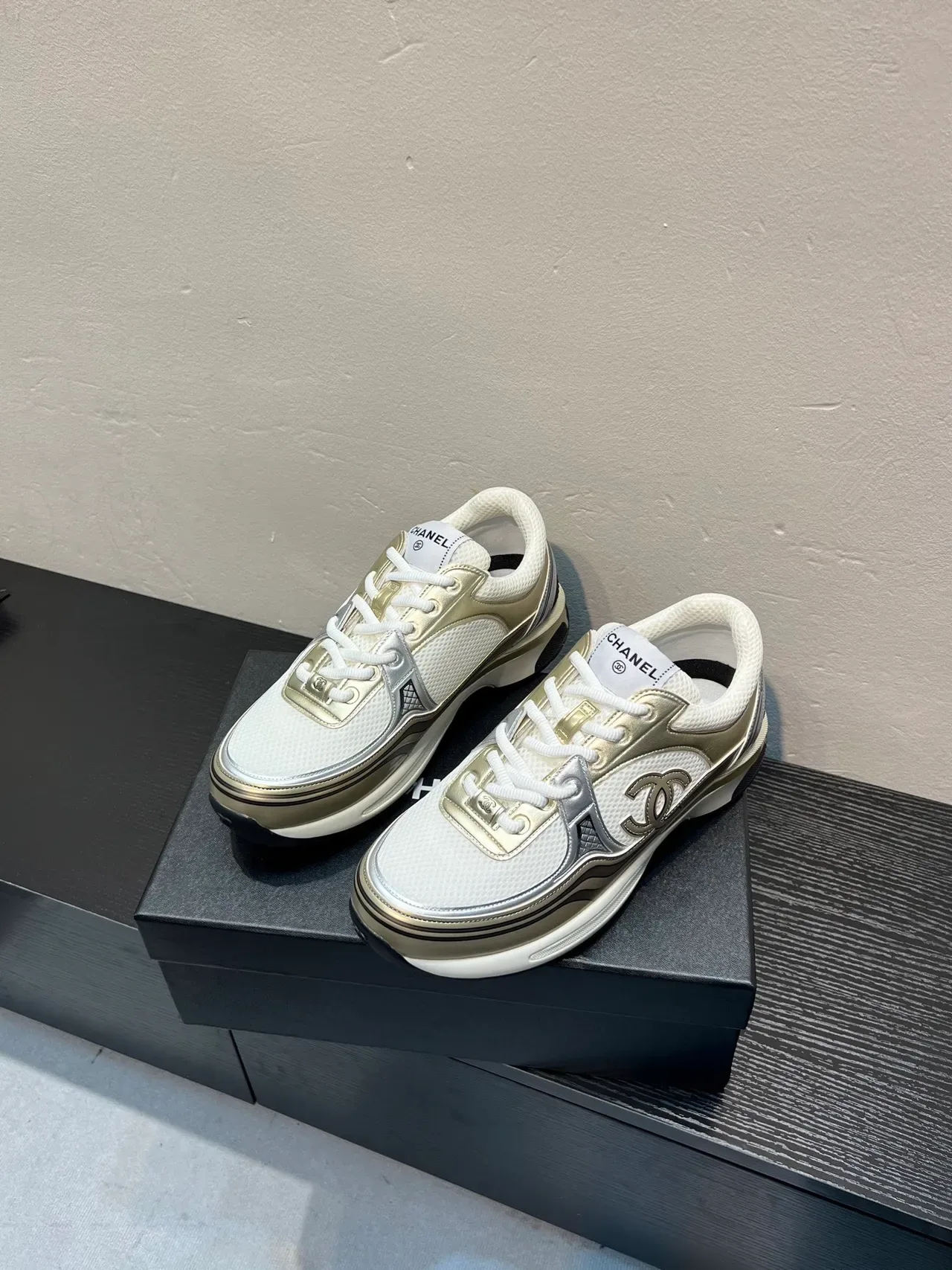 Chanel Runway Runner White and Metallic Gold Lifestyle Sneakers 3