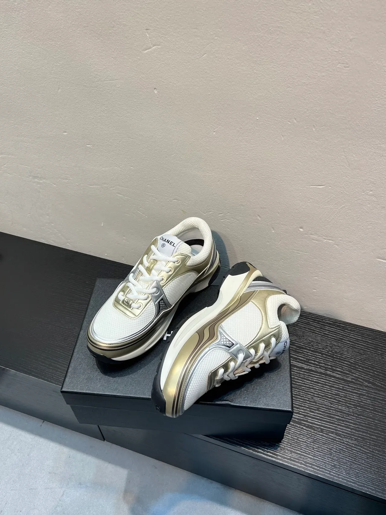 Chanel Runway Runner White and Metallic Gold Lifestyle Sneakers 4