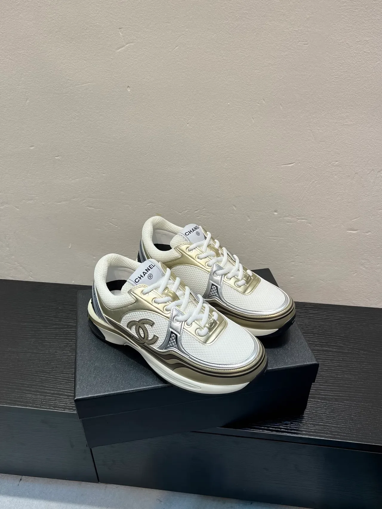 Chanel Runway Runner White and Metallic Gold Lifestyle Sneakers 5