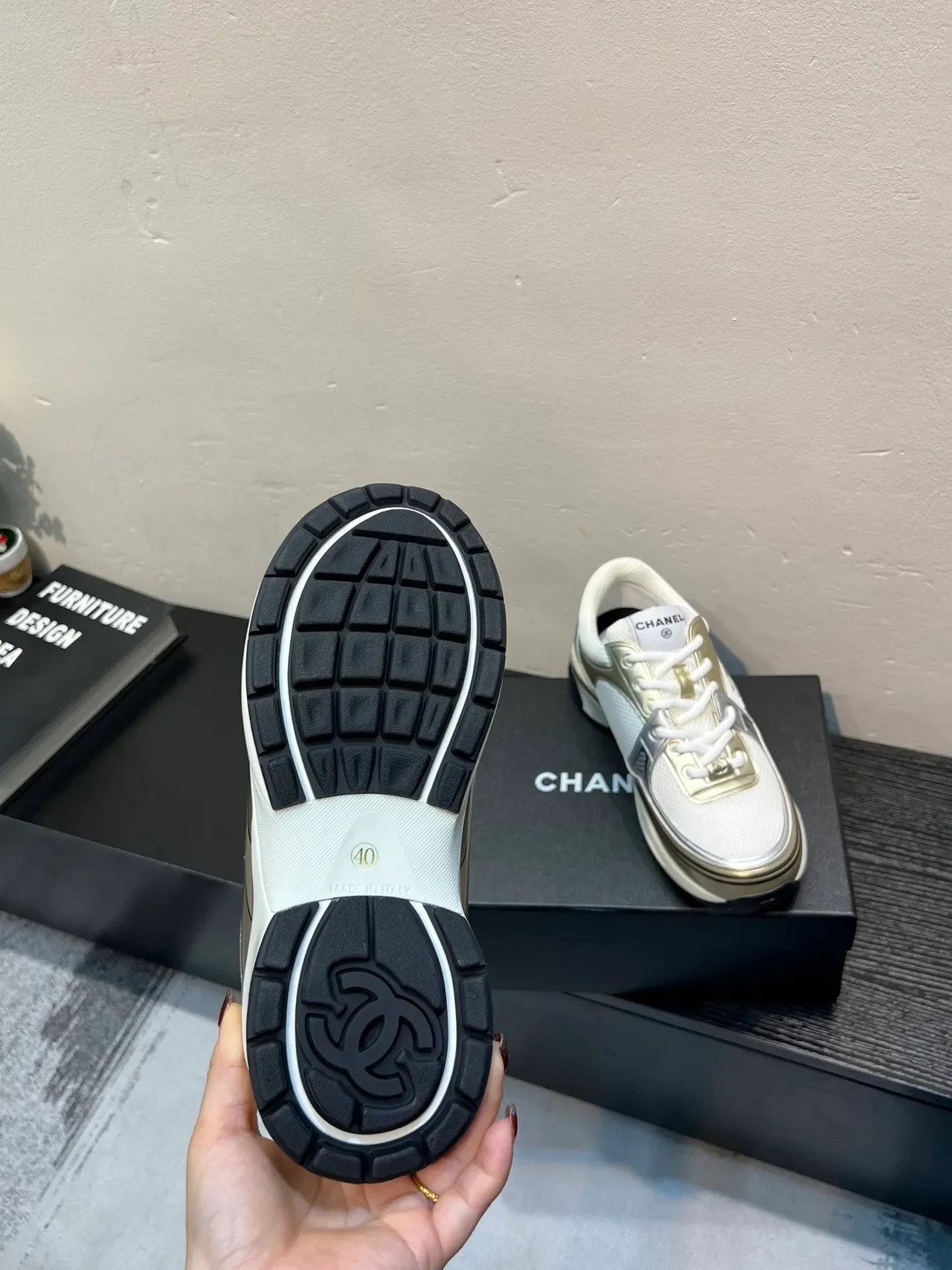 Chanel Runway Runner White and Metallic Gold Lifestyle Sneakers 9