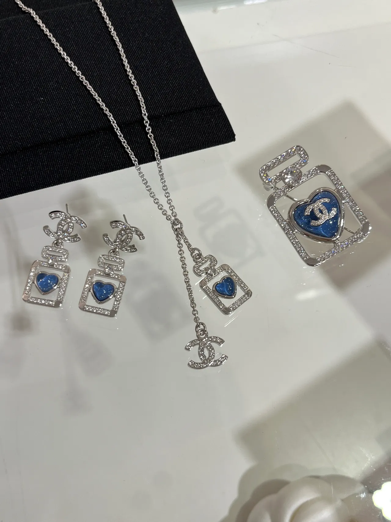 Chanel Silver Blue Perfume-Bottle Silhouette Heart Enamel Necklace 3