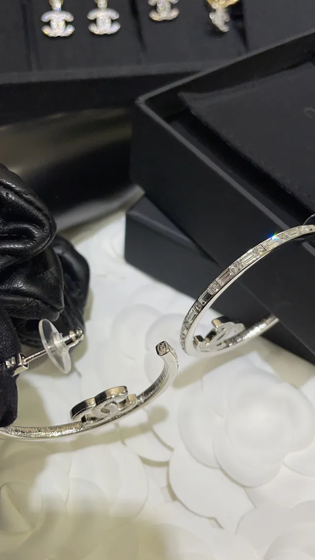 Chanel Silver Large Hoop Pavé-Set Interlocking CC Logo Earrings 4