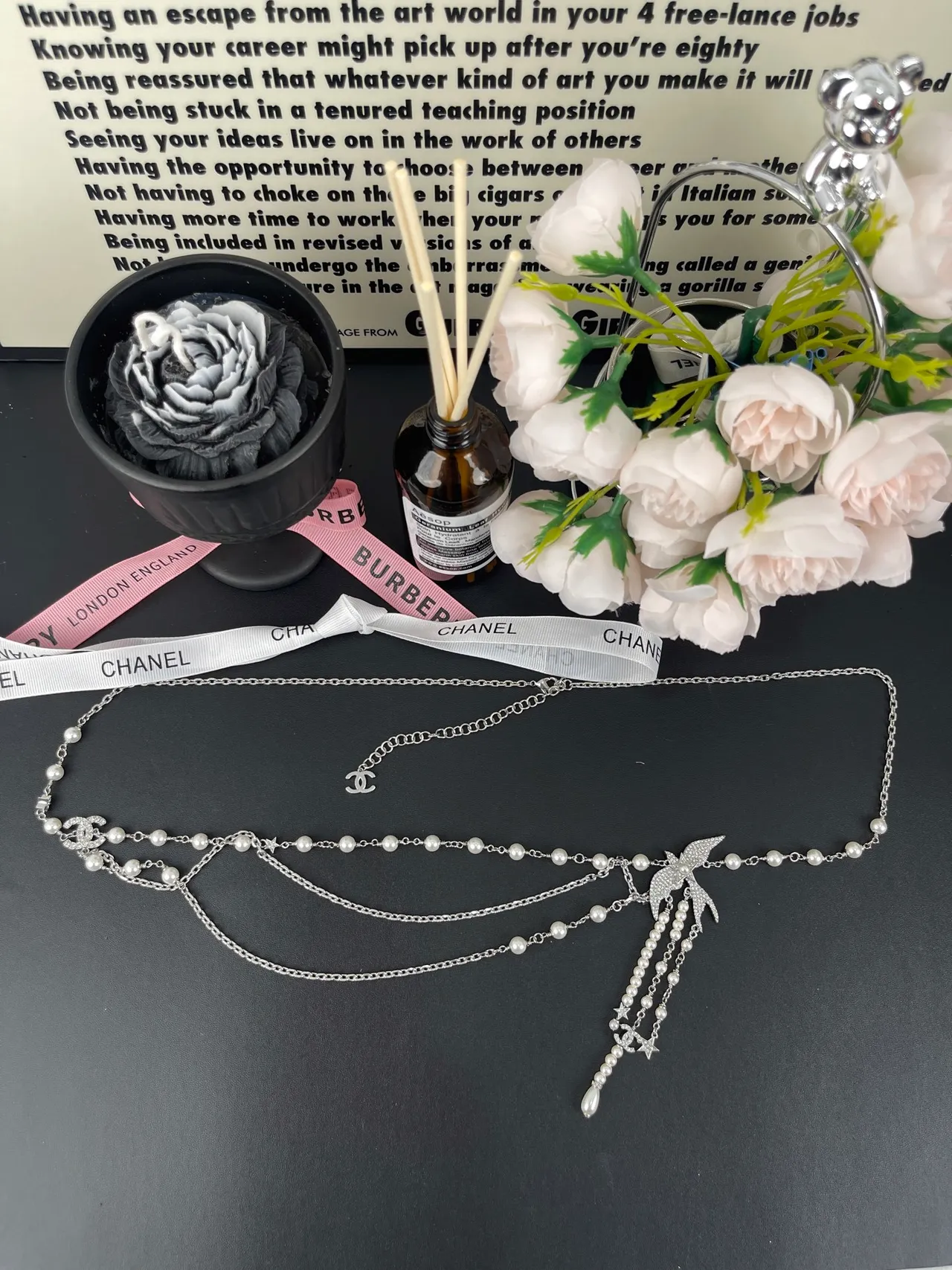 Chanel Collier blanc argenté multi-couches perles et chaîne 4