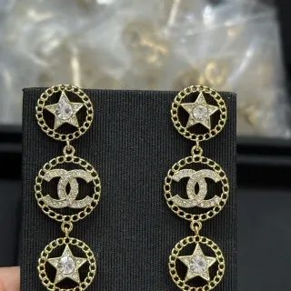 Chanel estrella y CC gota dorada transparente triple-capa borde de cadena círculos aretes