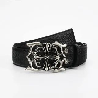 Chrome Hearts কালো রূপালী সজ্জিত গোথিক ক্রস বাকল খুরদুরা চামড়ার বেল্ট