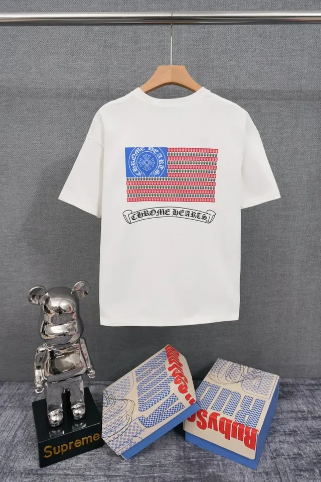 Chrome Hearts تي شيرت أسود بطباعة العلم 2