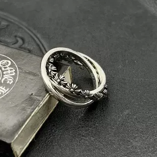 Chrome Hearts फ्लोरल डबल-बैंड ऑक्सीडाइज्ड सिल्वर रिंग 4