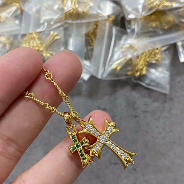 Chrome Hearts Collier Pendentif Croix Double Or Vert Pierres Pavé-Set 2