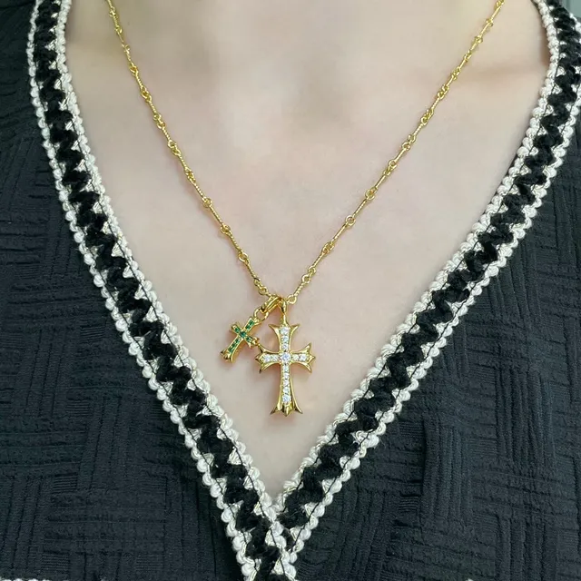 Chrome Hearts Collier Pendentif Croix Double Or Vert Pierres Pavé-Set 9