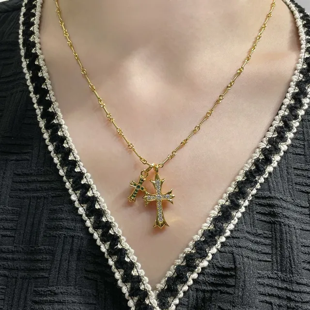 Chrome Hearts Collier Pendentif Croix Double Or Vert Pierres Pavé-Set 10