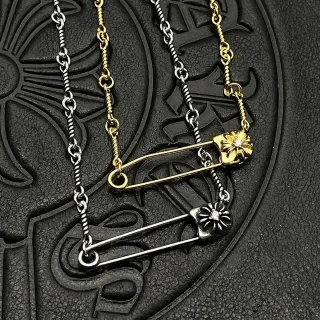 Chrome Hearts सेफ्टी पिन फ्लावर गोल्ड सिल्वर पेंडेंट ट्विस्टेड रोप चेन नेकलेस