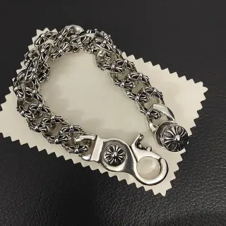 Chrome Hearts Silver Black Heavy Curb Chain Floral Cross Motifs Bracelet
