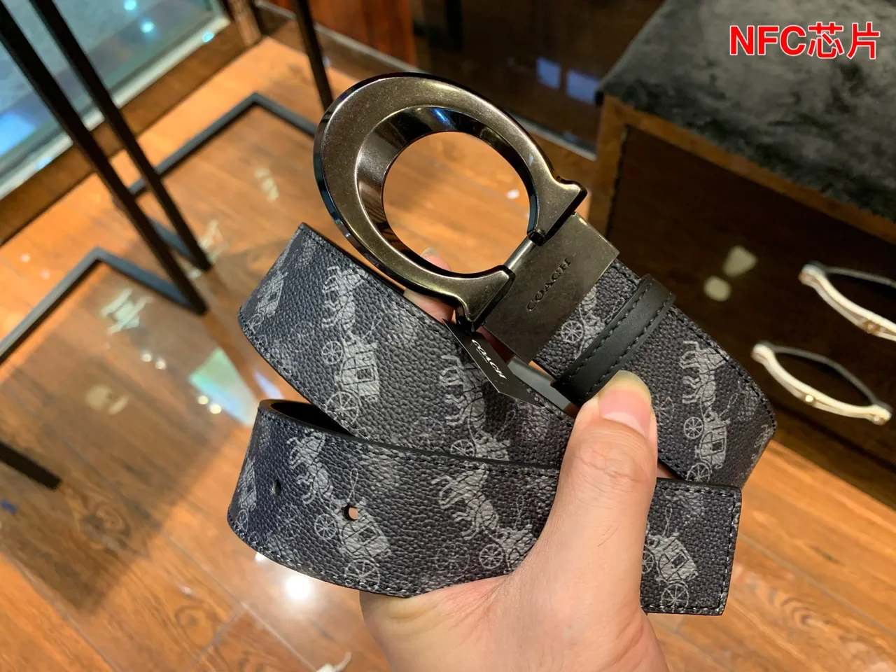 Coach Gray Black Monogram-Printed Textured Leather Belt 2