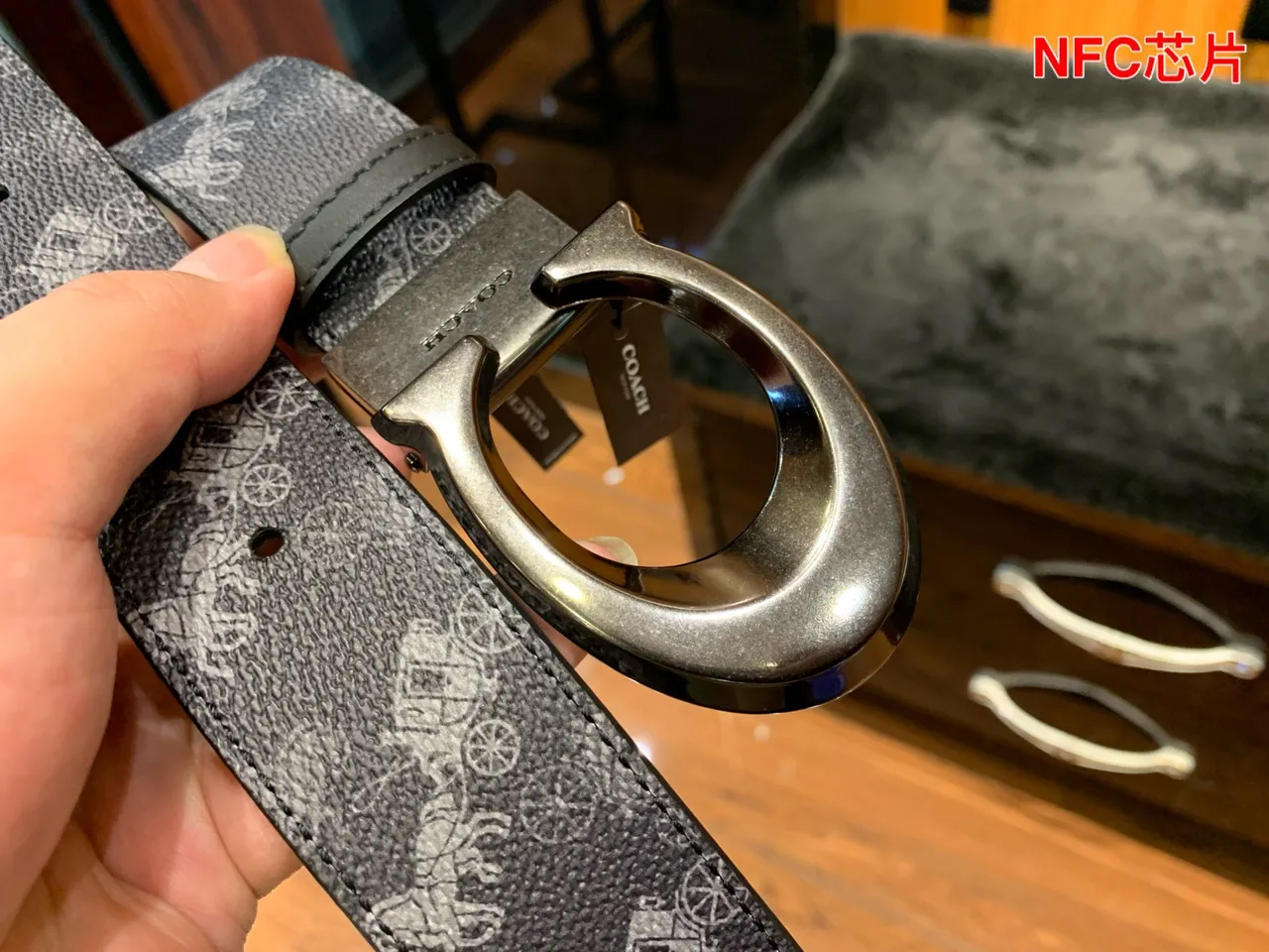Coach Gray Black Monogram-Printed Textured Leather Belt 6