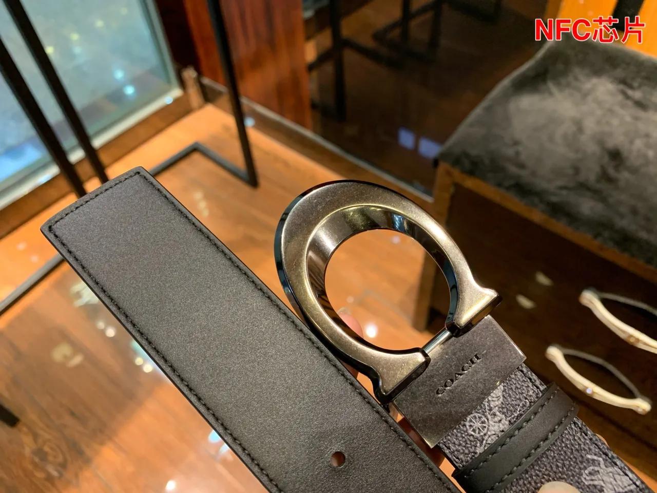 Coach Gray Black Monogram-Printed Textured Leather Belt 8