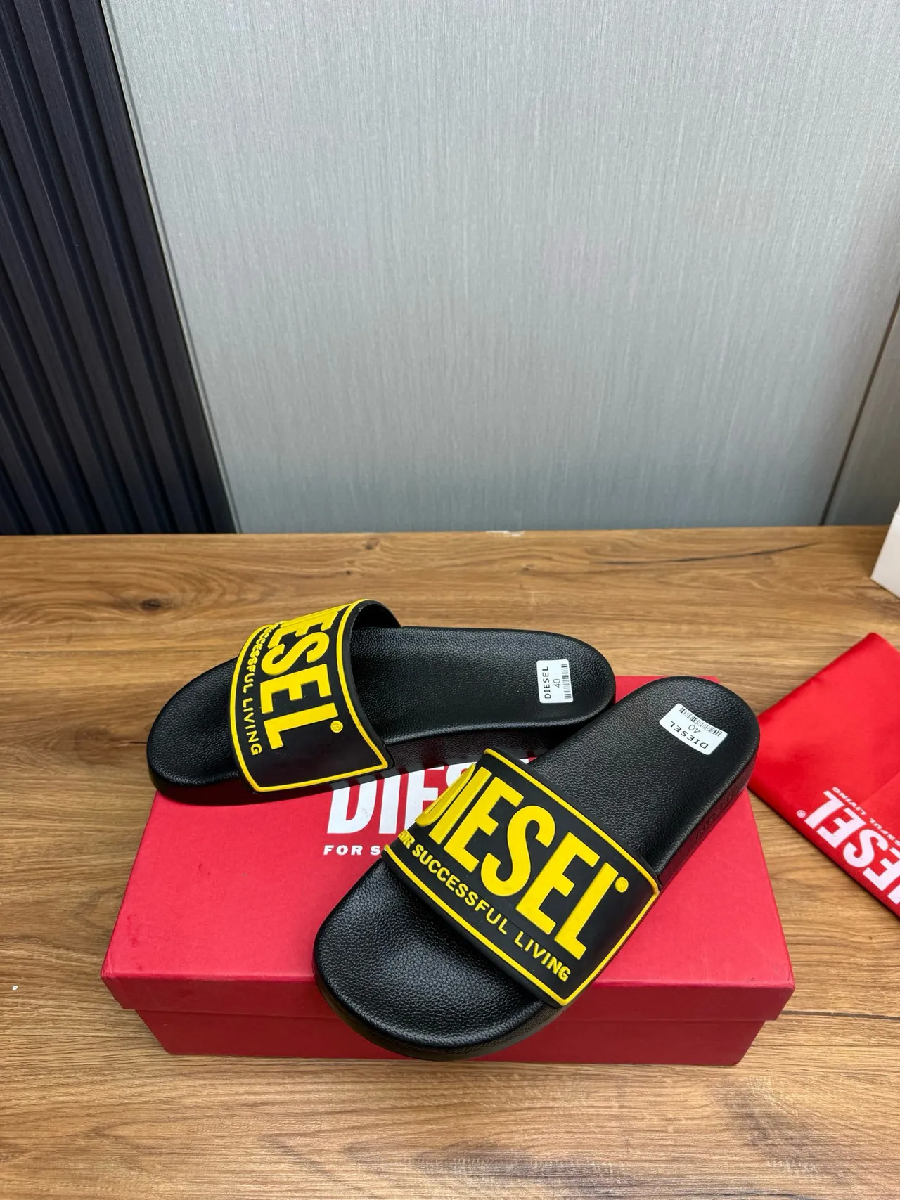 Diesel Successful Living Slide Black and Yellow Slippers 3