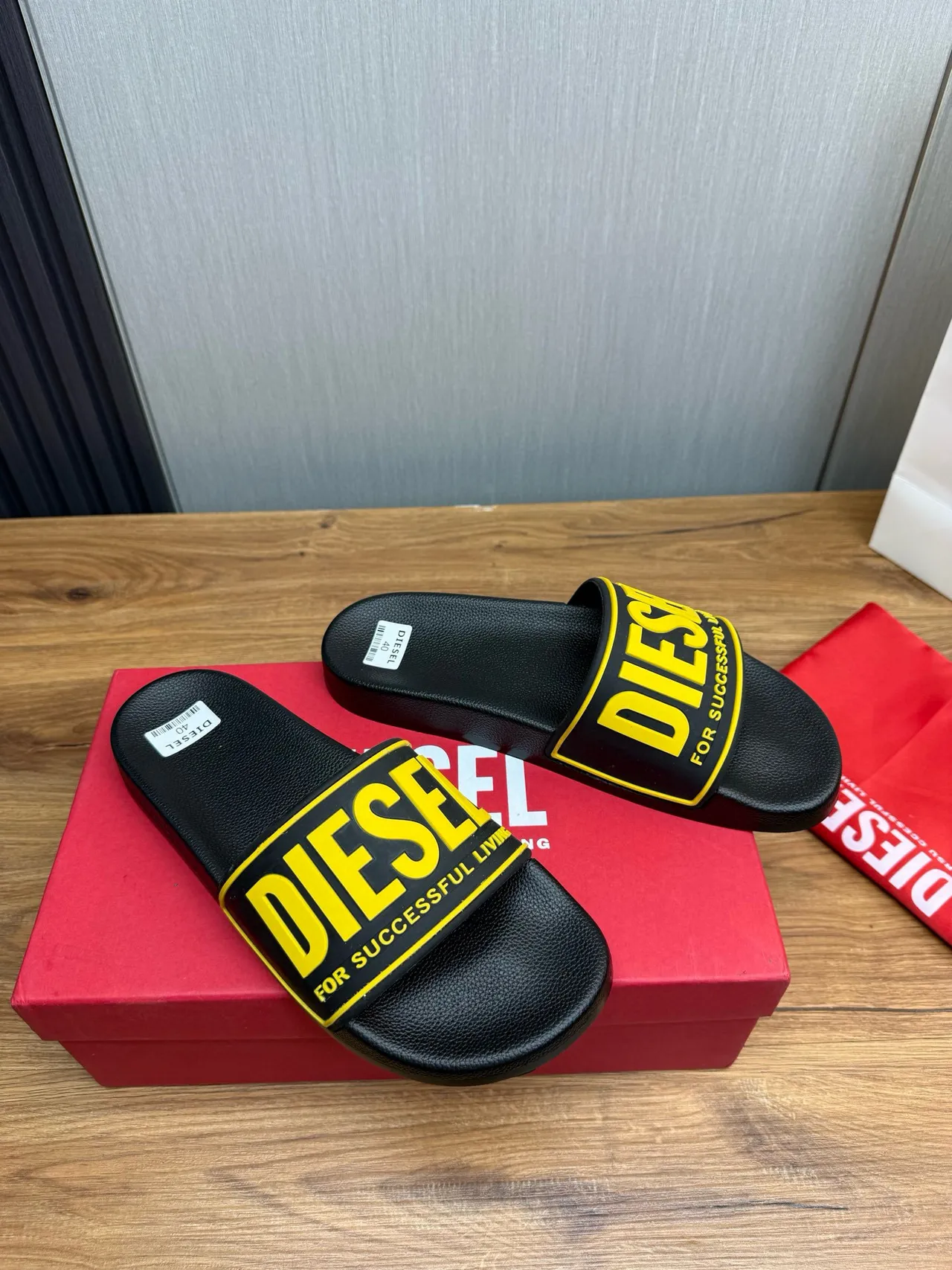 Diesel Successful Living Slide Black and Yellow Slippers 6