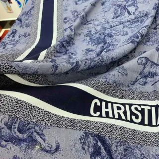 Christian Dior Toile de Jouy Print नेवी और भूरा रेशम स्कार्फ