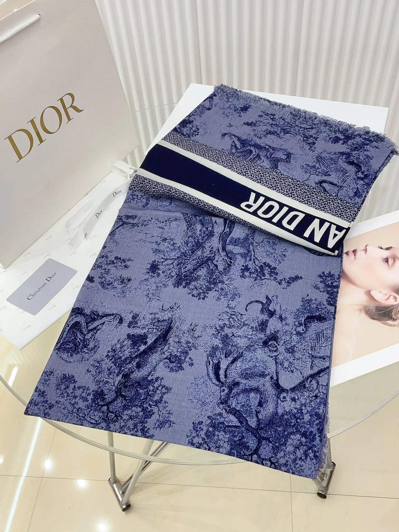 Christian Dior Toile de Jouy Print नेवी और भूरा रेशम स्कार्फ 5