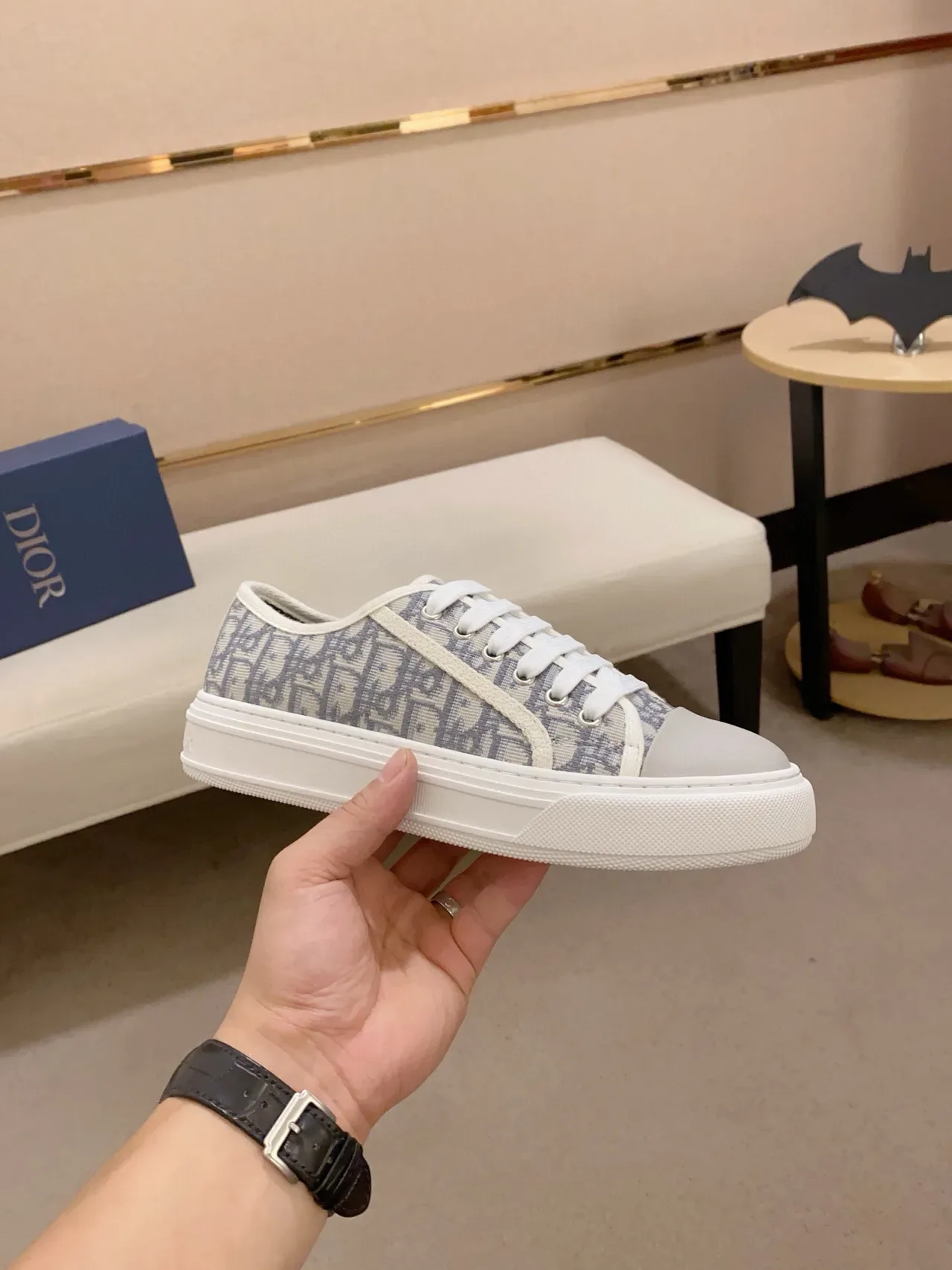 Dior B23 Zapatillas Lifestyle Beige Azul Lona Monograma Suela Plataforma 4