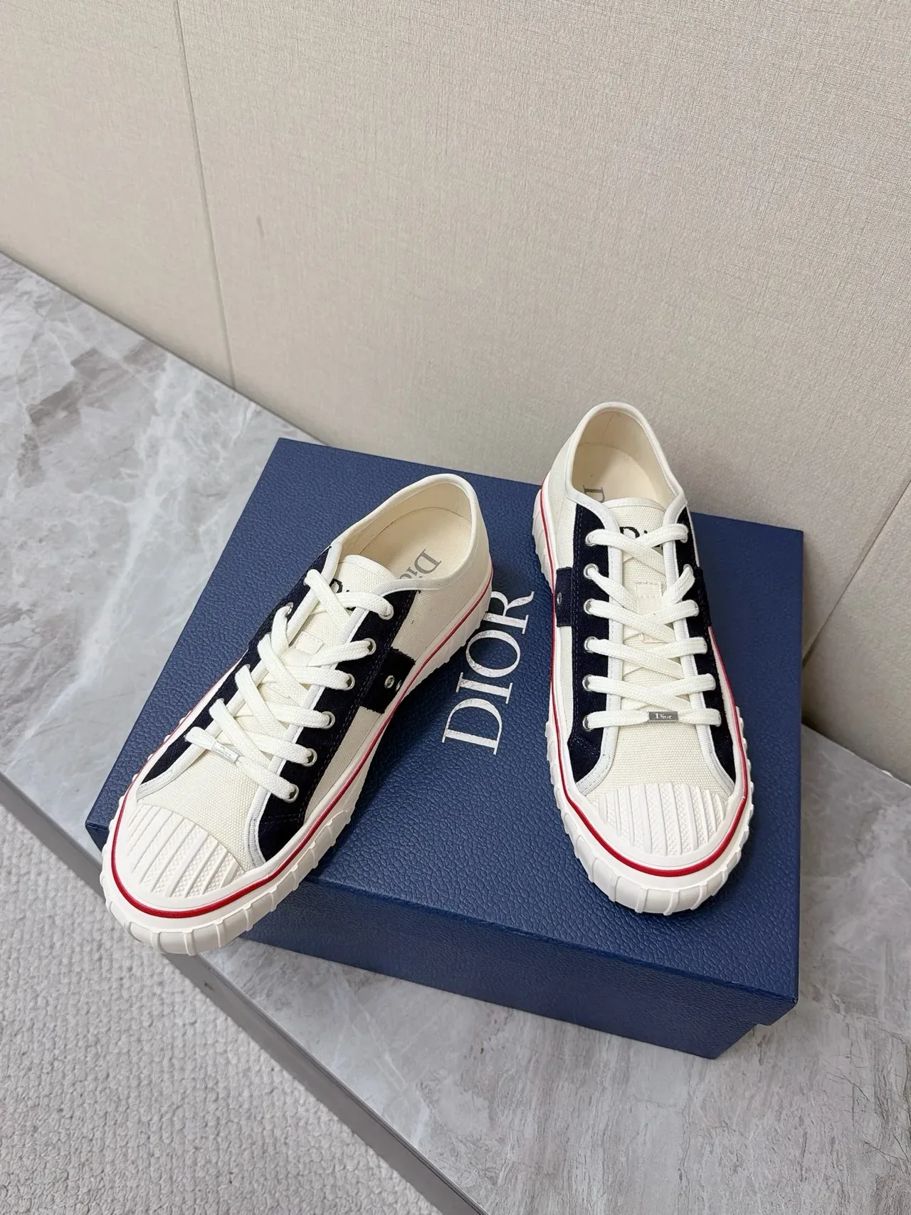 Dior B23 Beige Navy Canvas ऊपरी क्रॉस-स्ट्राइप पैनल लाइफस्टाइल स्नीकर्स 4