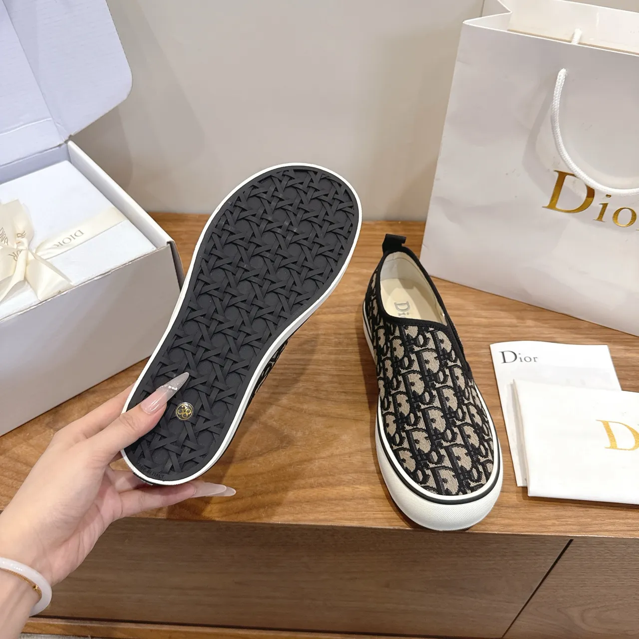 Dior Beige Black Monogram Jacquard Upper Slip-On Construction Lifestyle Sneakers 2