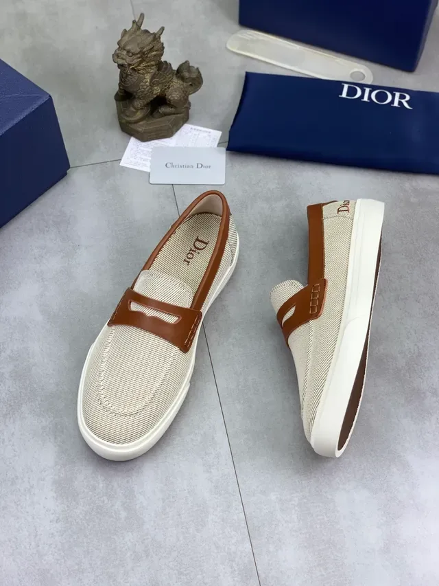 Dior Beige Brown Woven Textile Upper Tan Leather Penny Strap Loafer 5