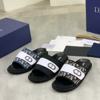 Dior Pantuflas Negros y Navy Oblicuo Monograma Tela Hebilla CD Hardware