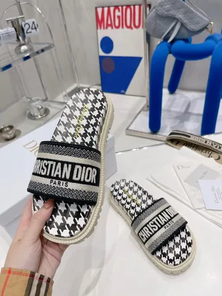 Dior Black White Houndstooth Print Woven Oblique Strap Slippers 5