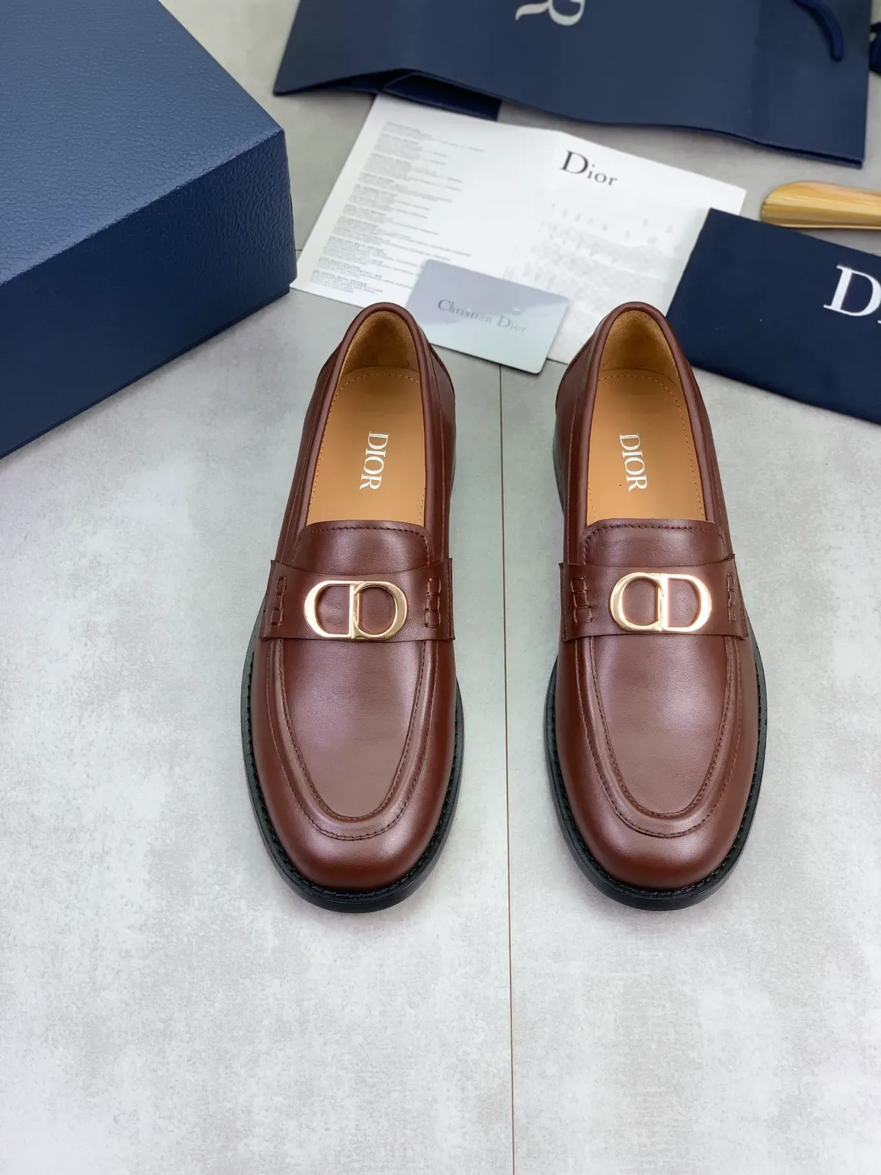 Dior Marrom Dourado Couro Liso D-Buckle Mocassim 5