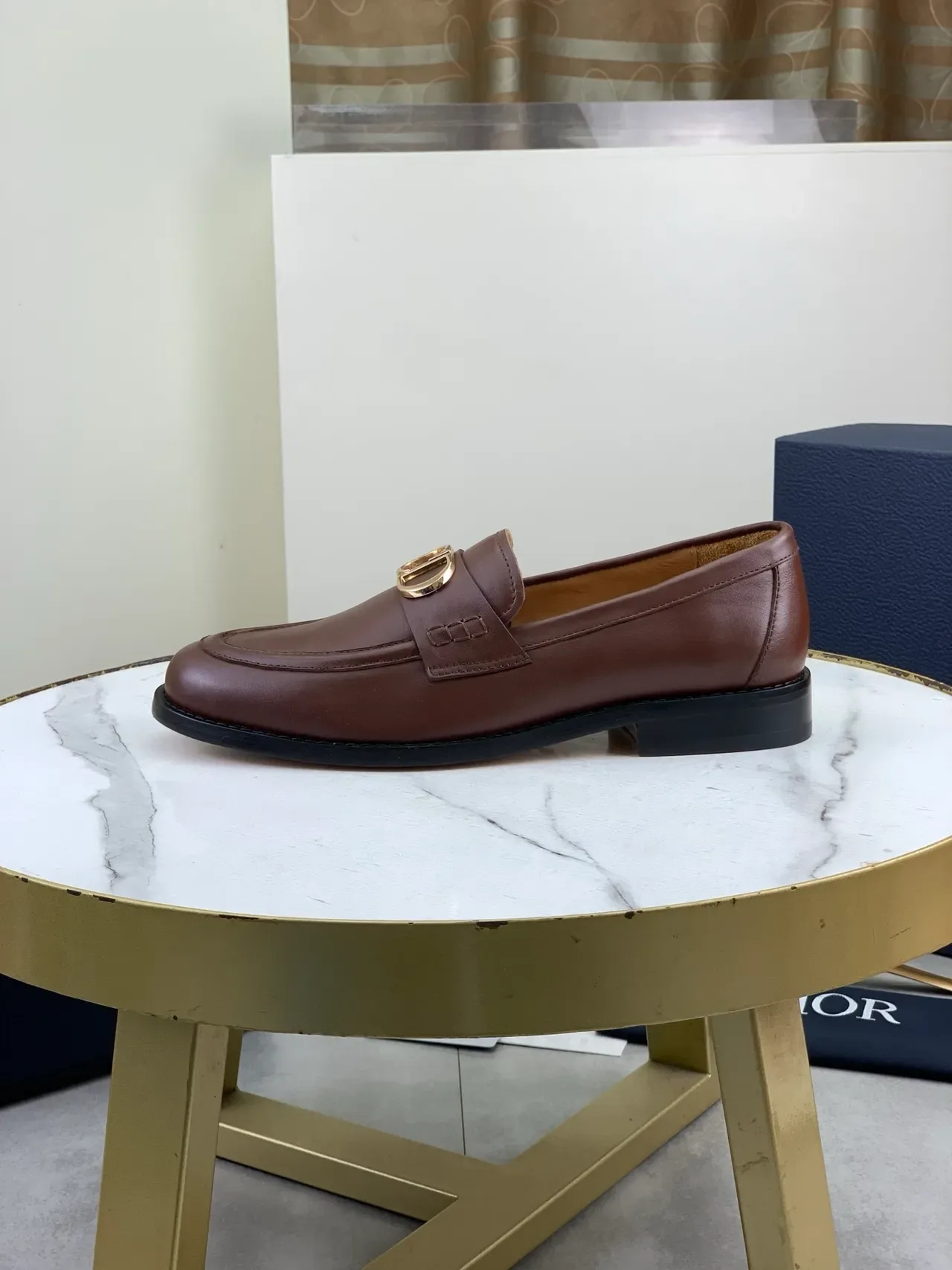 Dior Marrom Dourado Couro Liso D-Buckle Mocassim 6
