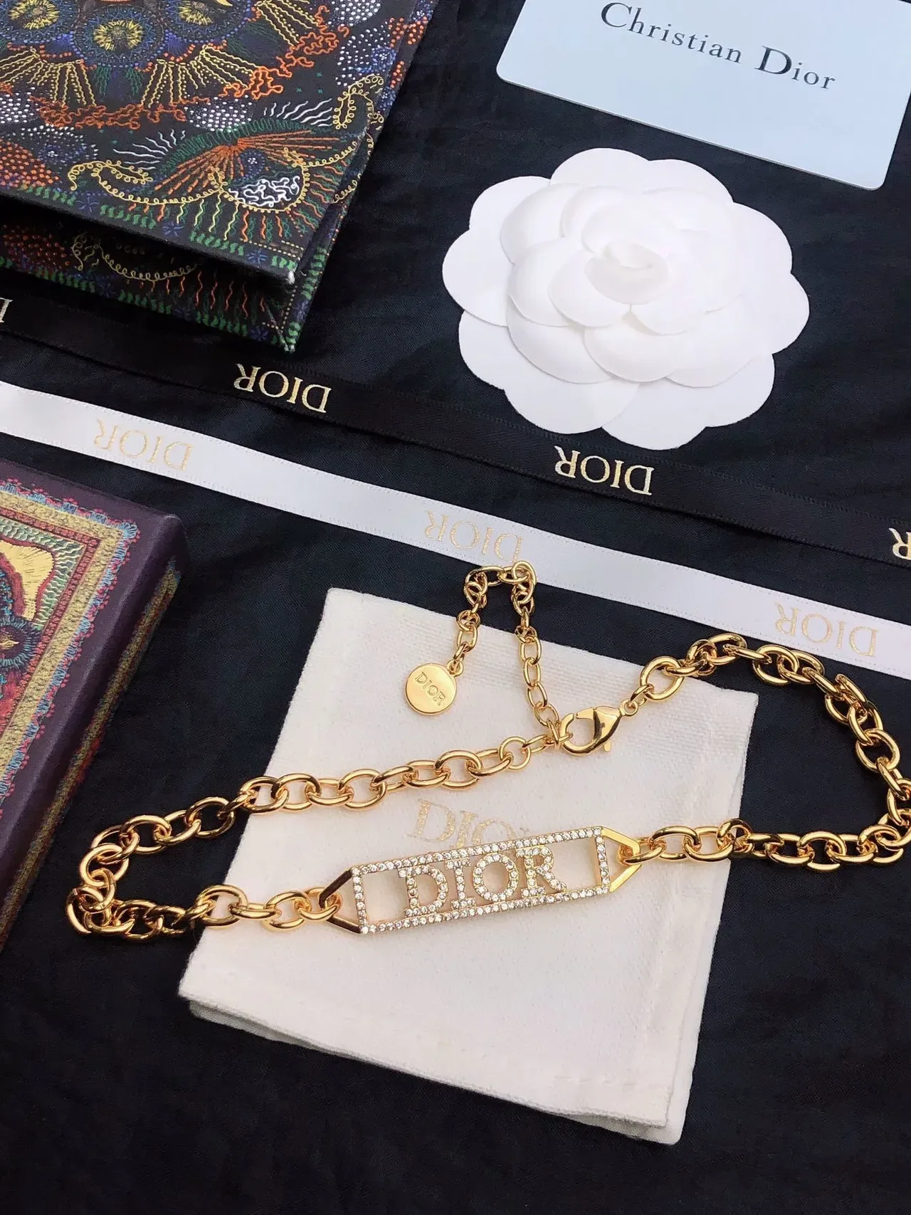Dior Gold White Oval-Link Chain Crystal-Embellished Logo Plaque Necklace 5