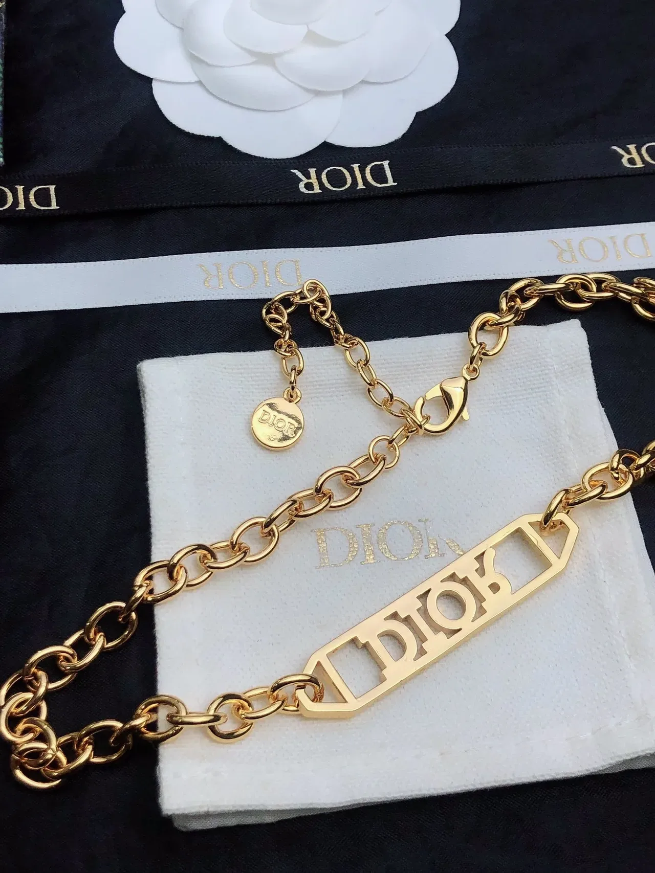 Dior Gold White Oval-Link Chain Crystal-Embellished Logo Plaque Necklace 6