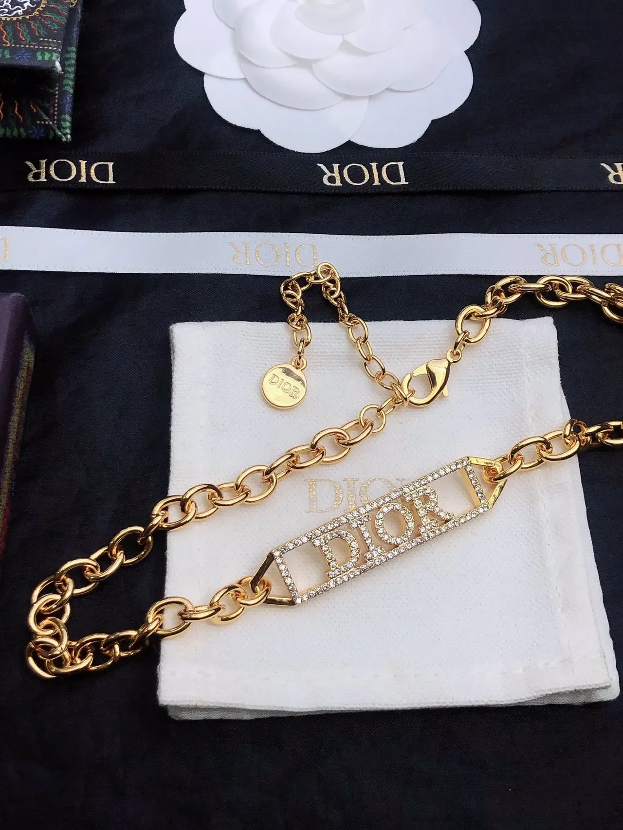 Dior Gold White Oval-Link Chain Crystal-Embellished Logo Plaque Necklace 7