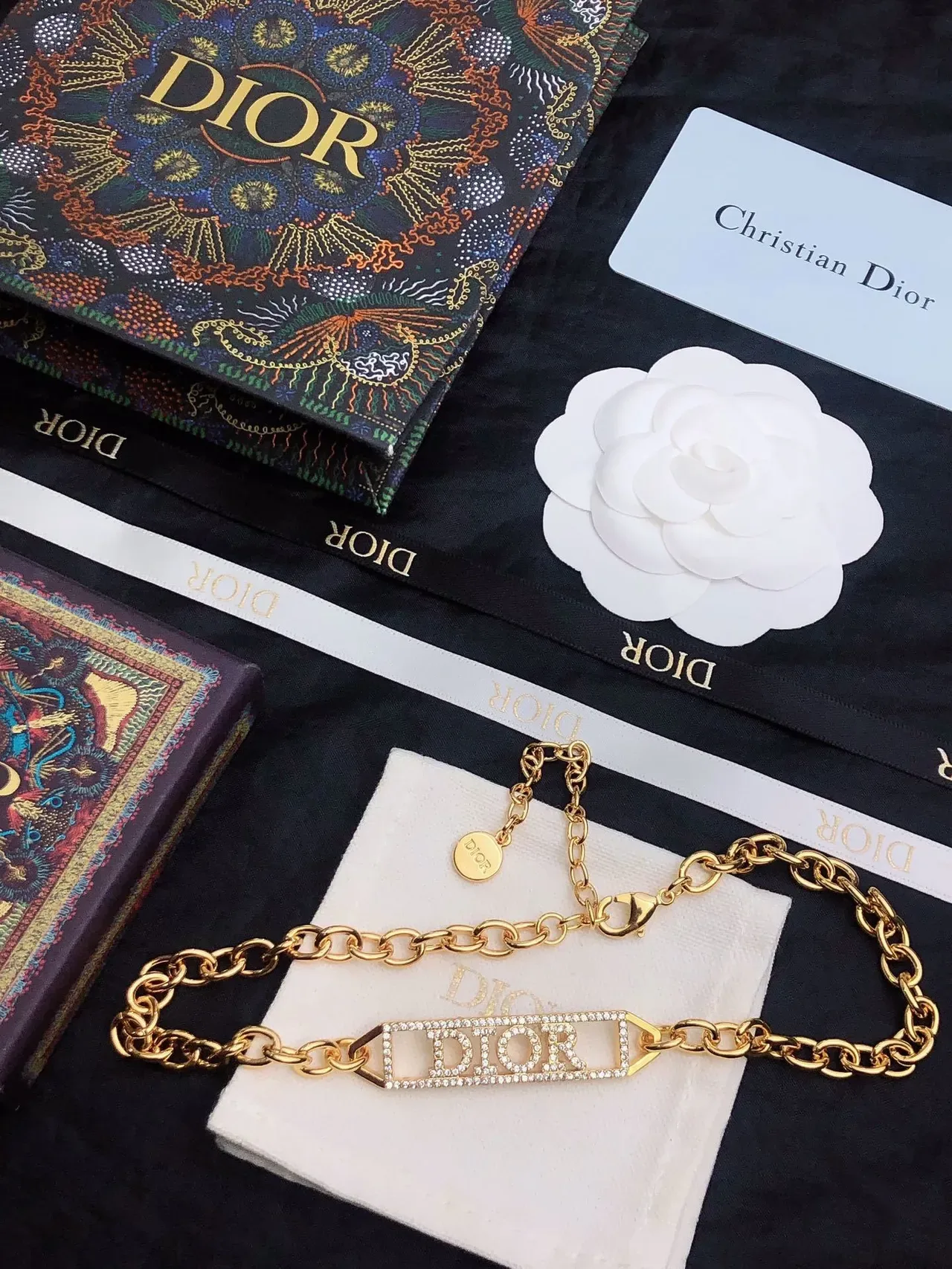 Dior Gold White Oval-Link Chain Crystal-Embellished Logo Plaque Necklace 8