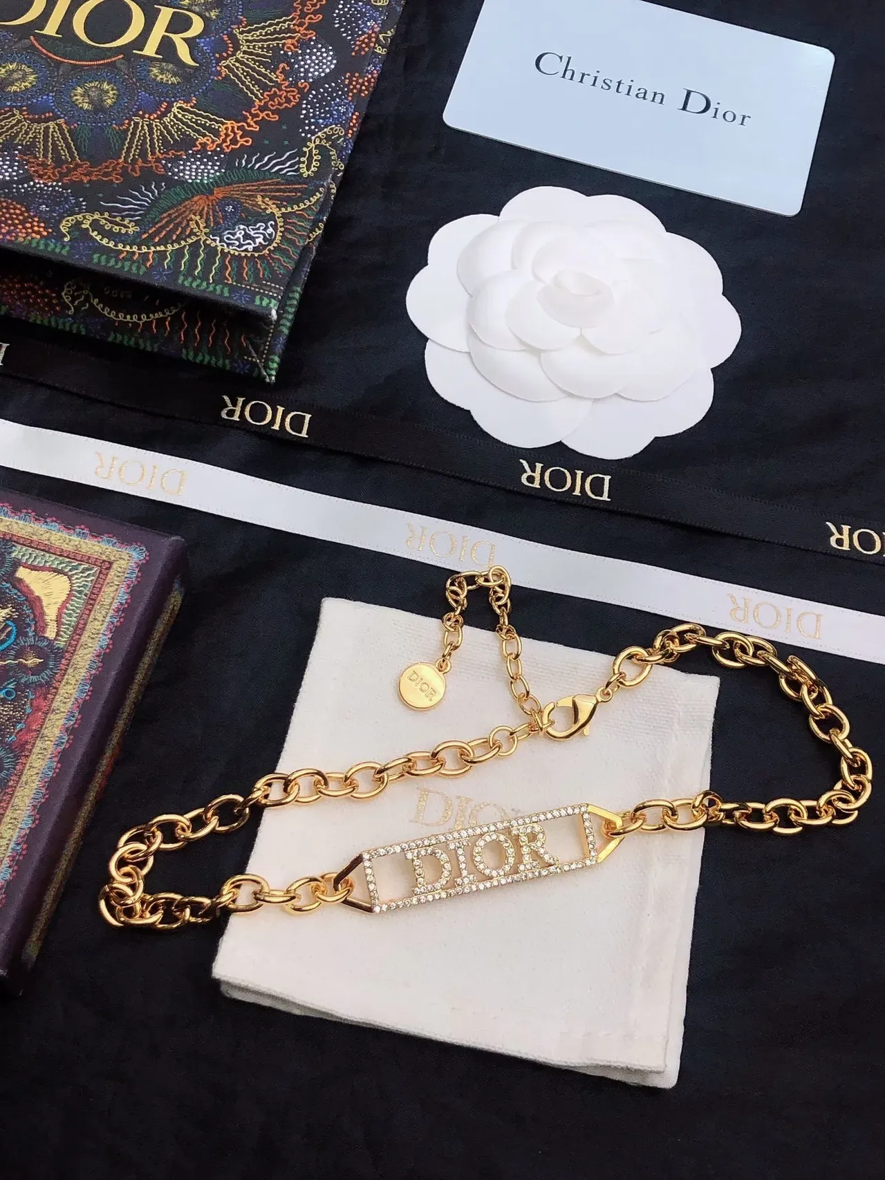 Dior Gold White Oval-Link Chain Crystal-Embellished Logo Plaque Necklace 9