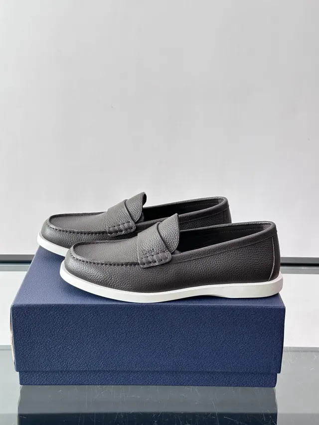 Dior Loafer Gray White Pebbled Leather Penny Strap Loafer 5